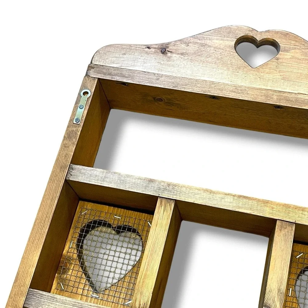 Cottagecore Rustic Primitive Wooden Heart Wall Cabinet Shelf Chicken Wire Doors
